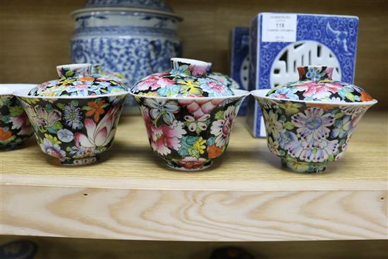 A set of six Chinese thousand flower bowls and covers, a blue and white Kamcheng and two blue and white pillows lidded jar 25cm